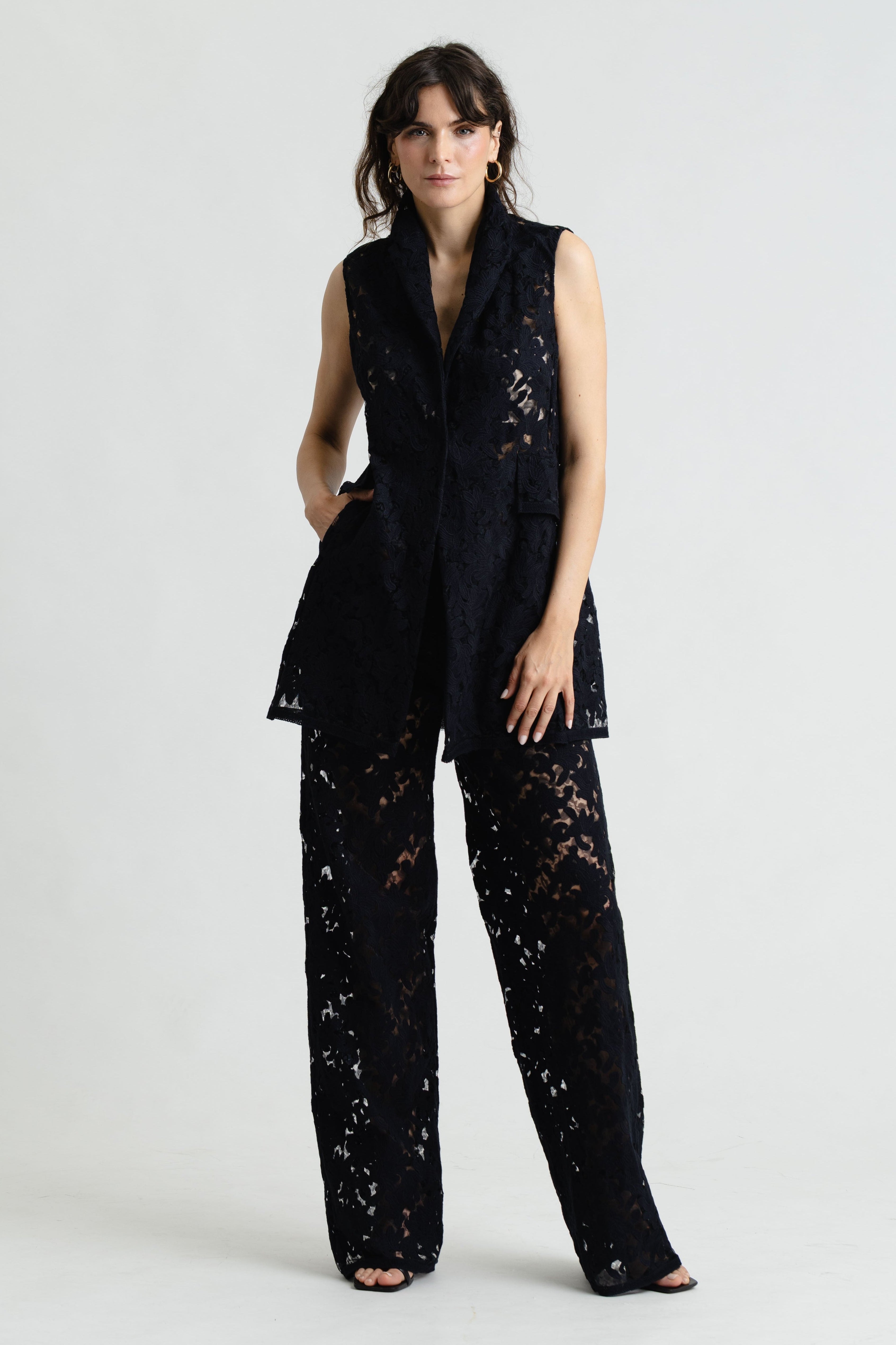 Haruka Long Vest in Embroidered Lace
