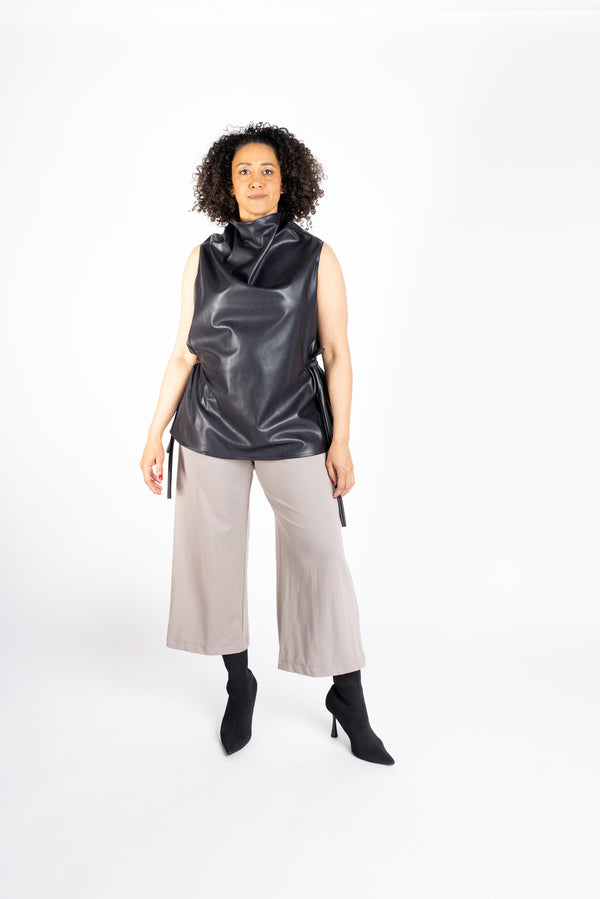 Cadenza Faux Leather Top in Aubergine-Black